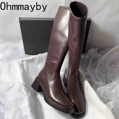 Vintage talon épais femmes genou bottes hautes mode fermetures éclair latérales chaussures automne hiver dames concis longues Botas De Mujer
