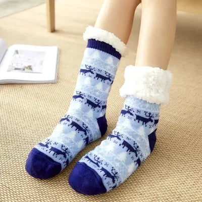 Cadeau de noël pantoufle chaussettes femmes thermique hiver chaud en peluche antidérapant poignée dormir sol chaussette courte floue moelleux femme dessin animé