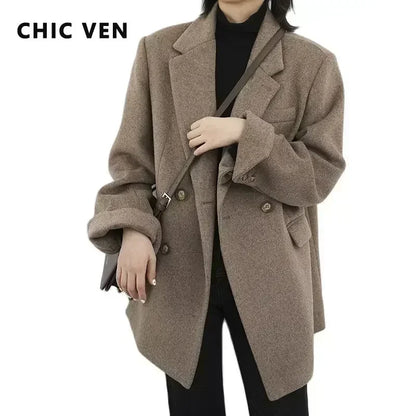 CHIC VEN femmes laine mélange manteau solide mi-long laine Blazer épais chaud Blouse femmes pardessus bureau montre de sport automne hiver