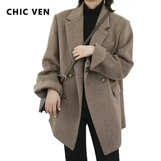 CHIC VEN femmes laine mélange manteau solide mi-long laine Blazer épais chaud Blouse femmes pardessus bureau montre de sport automne hiver