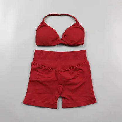 Ensemble de Yoga froncé sans couture pour femmes, vêtements de sport, short de gymnastique, soutien-gorge à bretelles, ensemble 2 pièces, col licou, vêtements d'entraînement, costume de Fitness