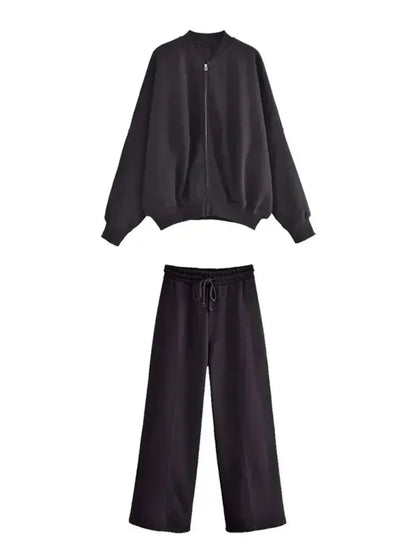 Ensemble 2 pièces à la mode pour femme, sweat-shirt polaire doublé, veste bombardier extensible + pantalon taille haute pour femme sauvage, hiver 2025