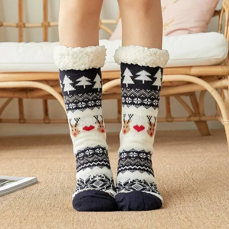 Cadeau de noël pantoufle chaussettes femmes thermique hiver chaud en peluche antidérapant poignée dormir sol chaussette courte floue moelleux femme dessin animé