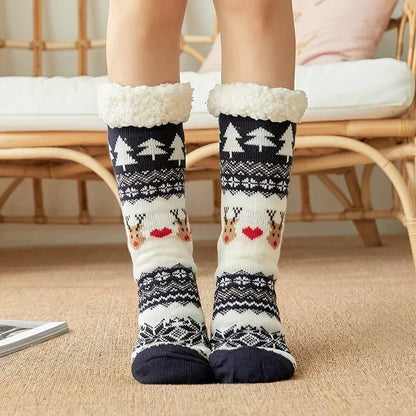 Cadeau de noël pantoufle chaussettes femmes thermique hiver chaud en peluche antidérapant poignée dormir sol chaussette courte floue moelleux femme dessin animé