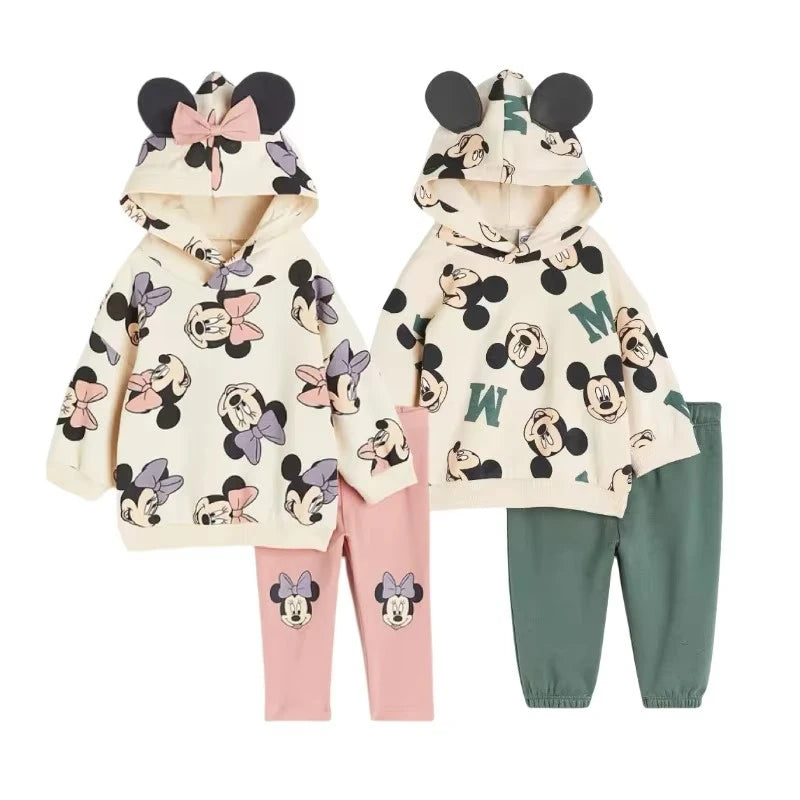 Minnie et Mickey imprimé complet hauts à capuche couleur unie Leggings deux pièces nouveaux enfants dessin animé sweat + pantalon bébé vêtements ensemble