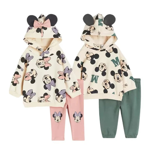 Minnie et Mickey imprimé complet hauts à capuche couleur unie Leggings deux pièces nouveaux enfants dessin animé sweat + pantalon bébé vêtements ensemble