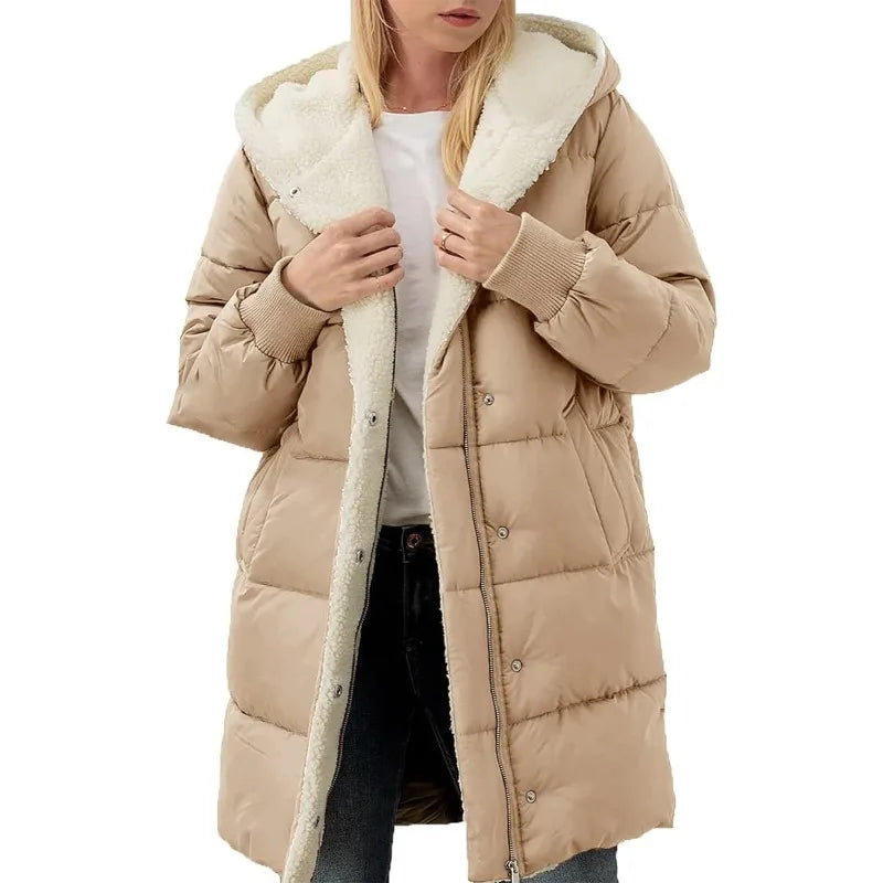 Manteaux chauds d'hiver pour femmes, doublure polaire Sherpa, longue veste bouffante à capuche