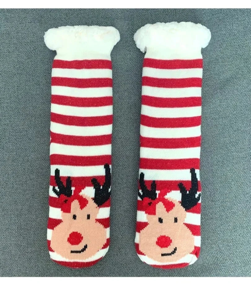 Cadeau de noël pantoufle chaussettes femmes thermique hiver chaud en peluche antidérapant poignée dormir sol chaussette courte floue moelleux femme dessin animé