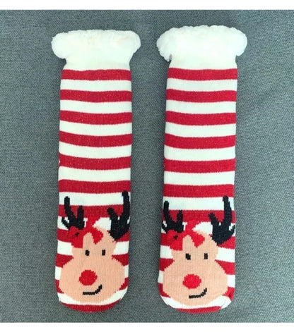 Cadeau de noël pantoufle chaussettes femmes thermique hiver chaud en peluche antidérapant poignée dormir sol chaussette courte floue moelleux femme dessin animé