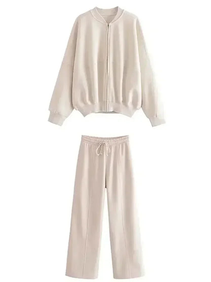 Ensemble 2 pièces à la mode pour femme, sweat-shirt polaire doublé, veste bombardier extensible + pantalon taille haute pour femme sauvage, hiver 2025