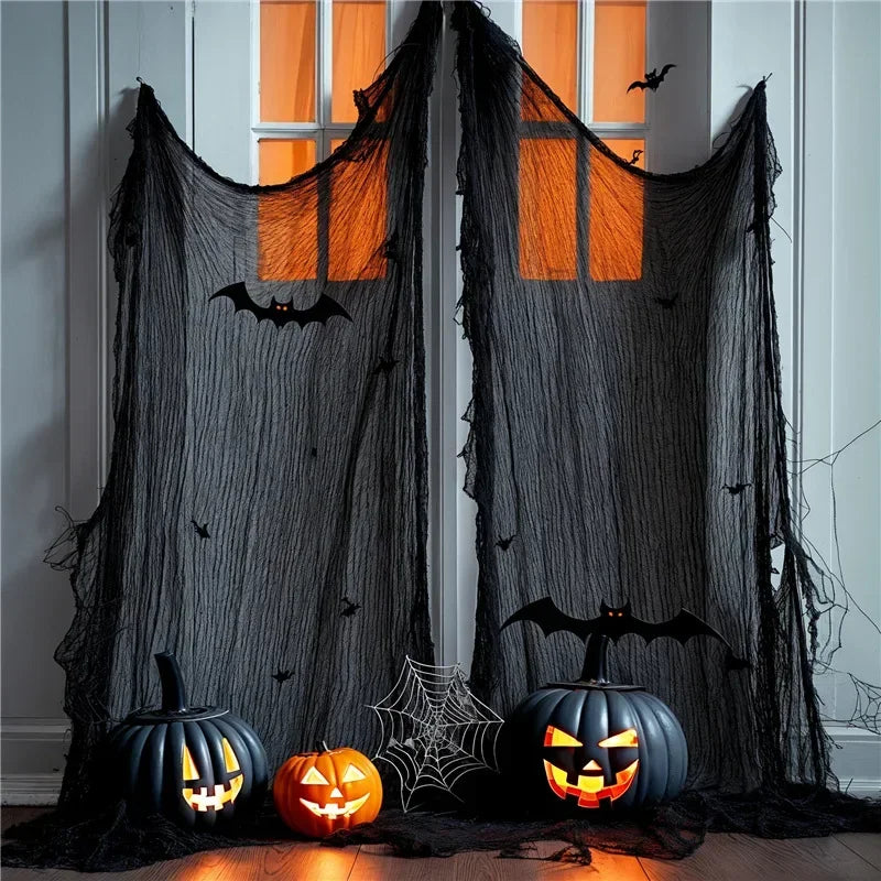 Chiffons effrayants noirs pour Halloween, 76x198cm, maille, filet de gaze pour fête d'halloween, toile d'araignée, gaze murale, accessoires de scène de terreur