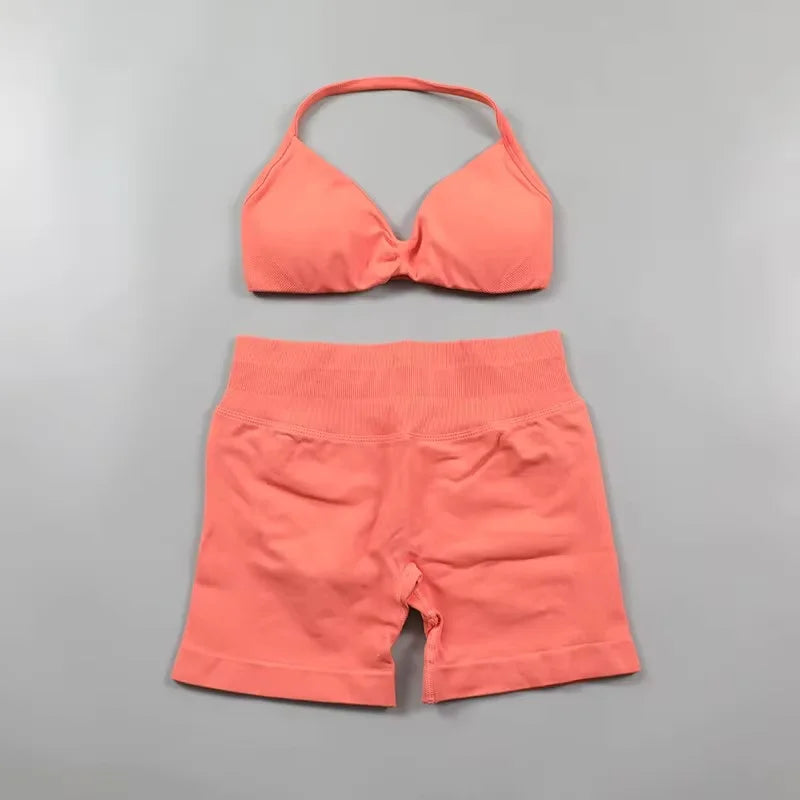 Ensemble de Yoga froncé sans couture pour femmes, vêtements de sport, short de gymnastique, soutien-gorge à bretelles, ensemble 2 pièces, col licou, vêtements d'entraînement, costume de Fitness