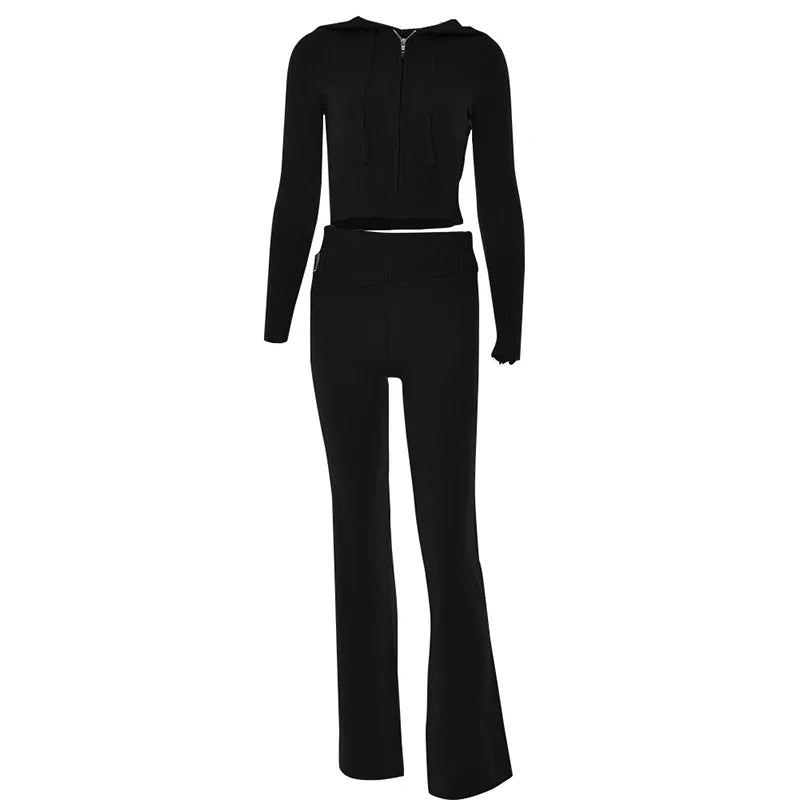 Tenue 2 pièces en tricot côtelé pour femmes, manches longues, fermeture éclair, coupe cintrée, haut court à capuche, pantalon Long élastique, ensemble survêtements Y2K