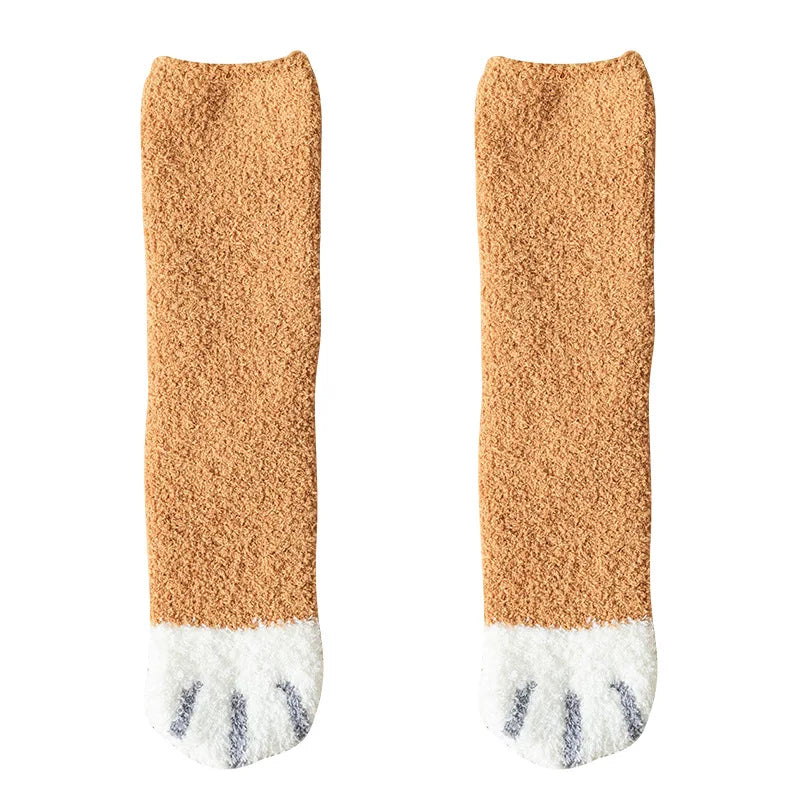 Chaussettes d'hiver pour femmes, chaussettes chaudes en molleton de corail épais, patte de chat Animal, mignonnes, chaussettes de sol douces pour filles