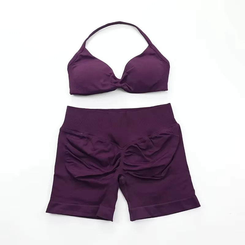 Ensemble de Yoga froncé sans couture pour femmes, vêtements de sport, short de gymnastique, soutien-gorge à bretelles, ensemble 2 pièces, col licou, vêtements d'entraînement, costume de Fitness