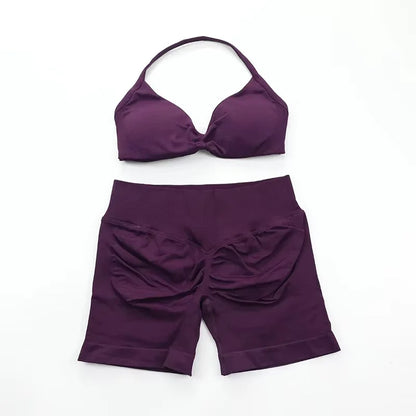 Ensemble de Yoga froncé sans couture pour femmes, vêtements de sport, short de gymnastique, soutien-gorge à bretelles, ensemble 2 pièces, col licou, vêtements d'entraînement, costume de Fitness