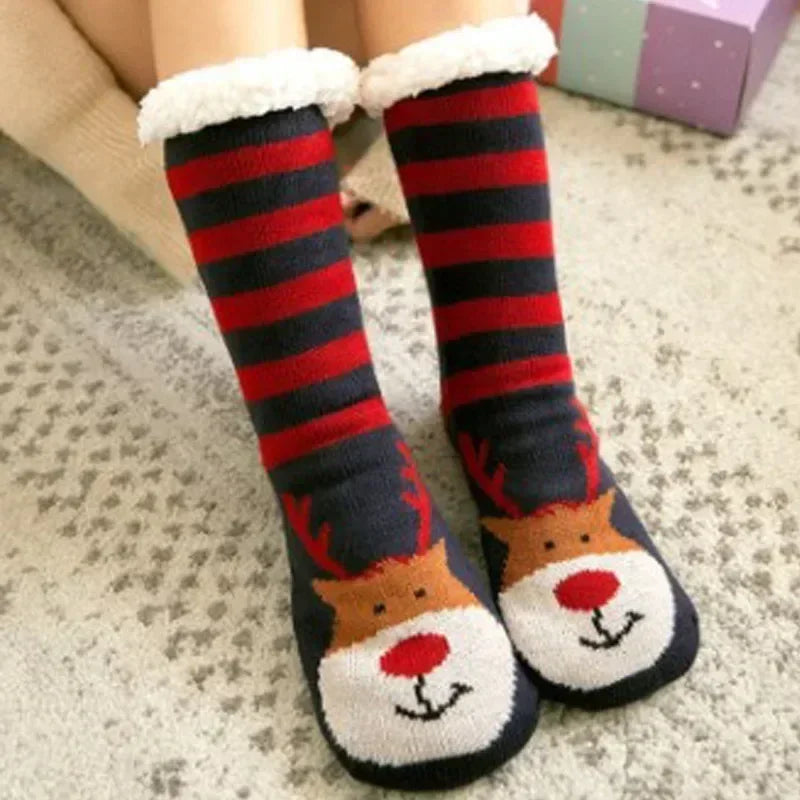Cadeau de noël pantoufle chaussettes femmes thermique hiver chaud en peluche antidérapant poignée dormir sol chaussette courte floue moelleux femme dessin animé