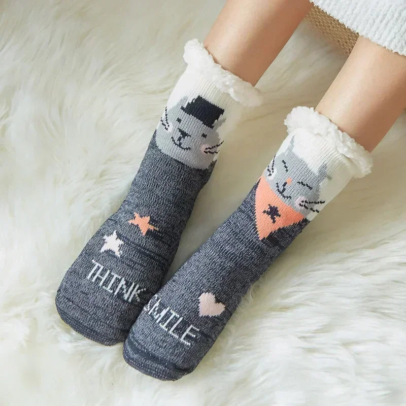 Cadeau de noël pantoufle chaussettes femmes thermique hiver chaud en peluche antidérapant poignée dormir sol chaussette courte floue moelleux femme dessin animé