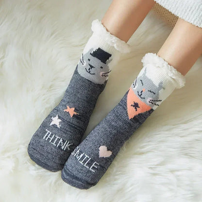 Cadeau de noël pantoufle chaussettes femmes thermique hiver chaud en peluche antidérapant poignée dormir sol chaussette courte floue moelleux femme dessin animé