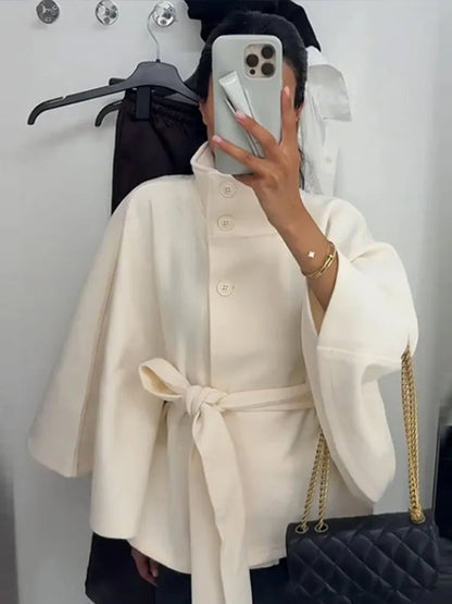 Manteau femme Cape courte manteaux pour femmes ceinture fausse laine et mélanges manteaux automne hiver solide manteaux élégant Cape veste dames