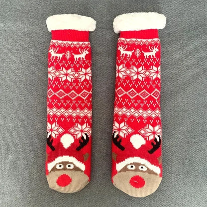Cadeau de noël pantoufle chaussettes femmes thermique hiver chaud en peluche antidérapant poignée dormir sol chaussette courte floue moelleux femme dessin animé