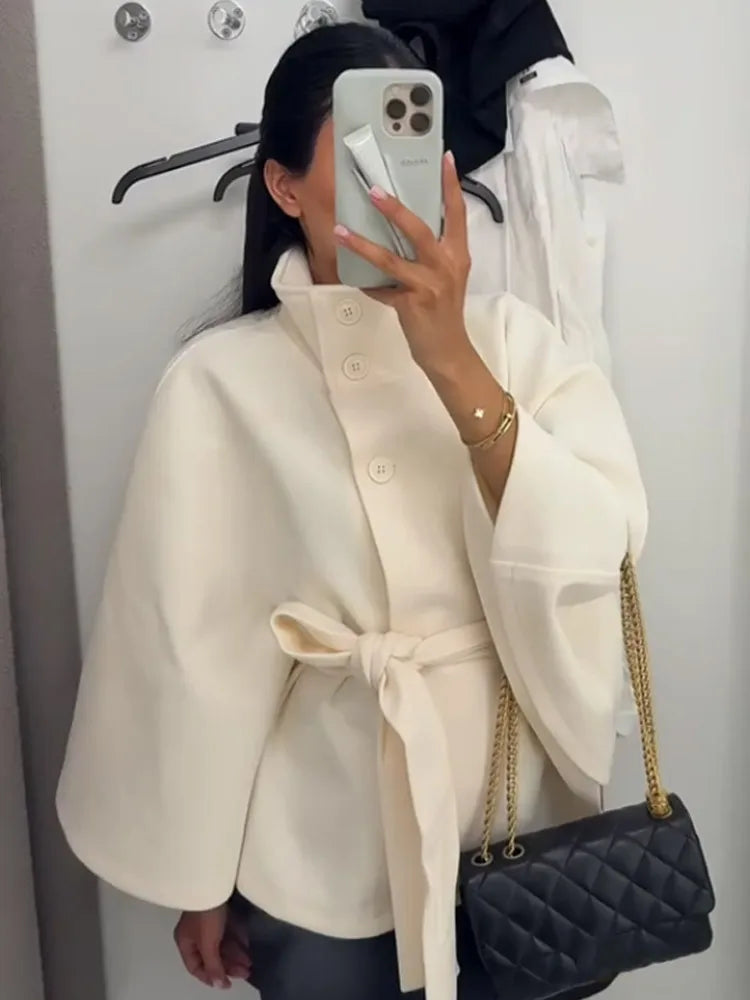 Manteau femme Cape courte manteaux pour femmes ceinture fausse laine et mélanges manteaux automne hiver solide manteaux élégant Cape veste dames