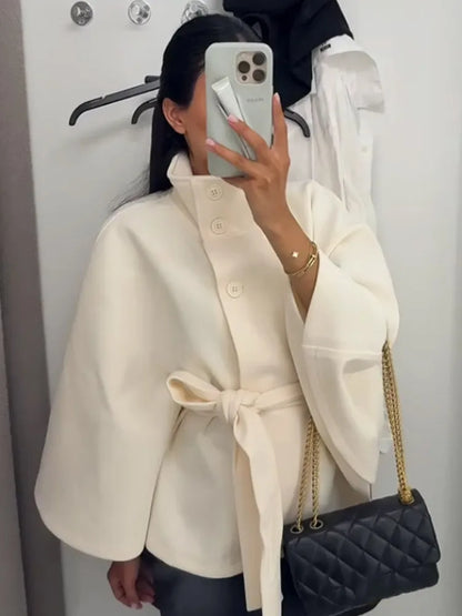 Manteau femme Cape courte manteaux pour femmes ceinture fausse laine et mélanges manteaux automne hiver solide manteaux élégant Cape veste dames