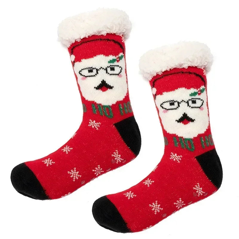 Cadeau de noël pantoufle chaussettes femmes thermique hiver chaud en peluche antidérapant poignée dormir sol chaussette courte floue moelleux femme dessin animé
