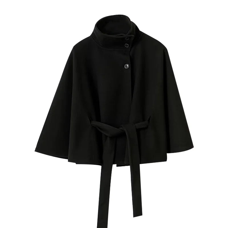 Manteau femme Cape courte manteaux pour femmes ceinture fausse laine et mélanges manteaux automne hiver solide manteaux élégant Cape veste dames