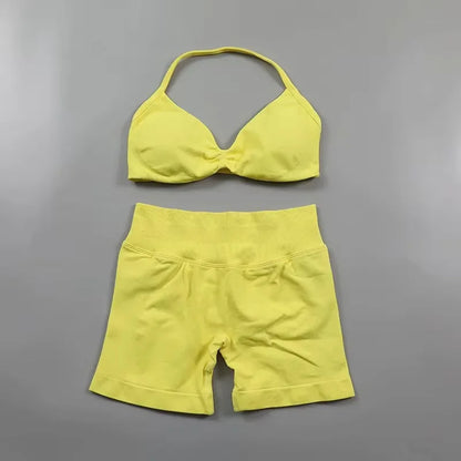 Ensemble de Yoga froncé sans couture pour femmes, vêtements de sport, short de gymnastique, soutien-gorge à bretelles, ensemble 2 pièces, col licou, vêtements d'entraînement, costume de Fitness