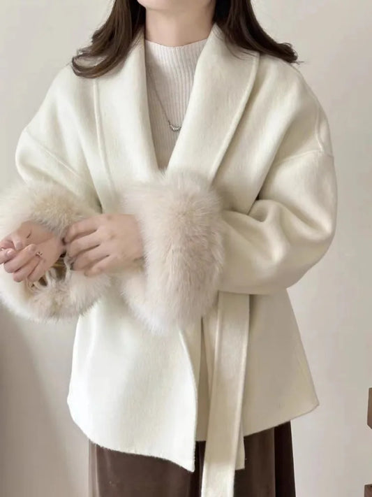 DFDG-Manteau court en laine cachemire pour femme, revers à lacets, tempérament de la mode, nouvelle collection, automne et hiver 2024