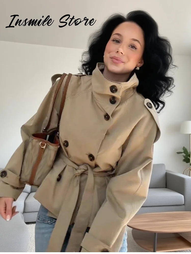 Mode ceinture courte Trench manteau femmes col montant Double boutonnage poche à manches longues manteaux 2025 automne dame trajet Chic vêtements d'extérieur
