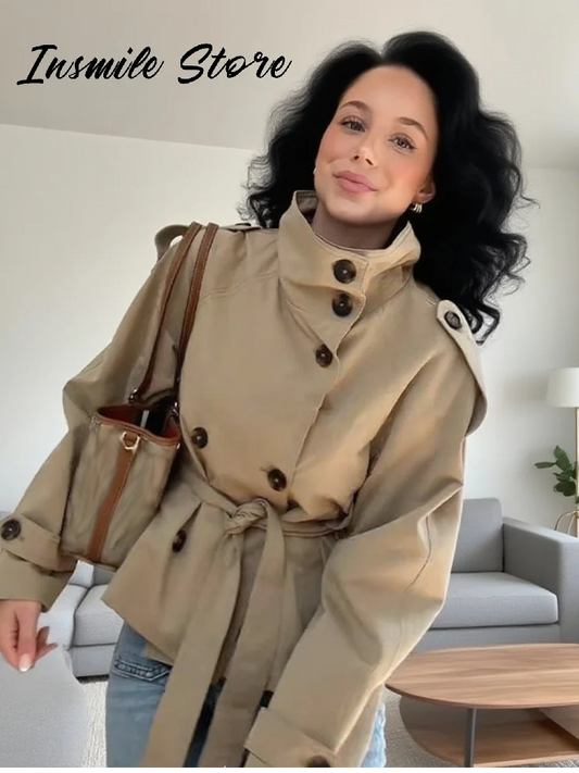 Mode ceinture courte Trench manteau femmes col montant Double boutonnage poche à manches longues manteaux 2025 automne dame trajet Chic vêtements d'extérieur