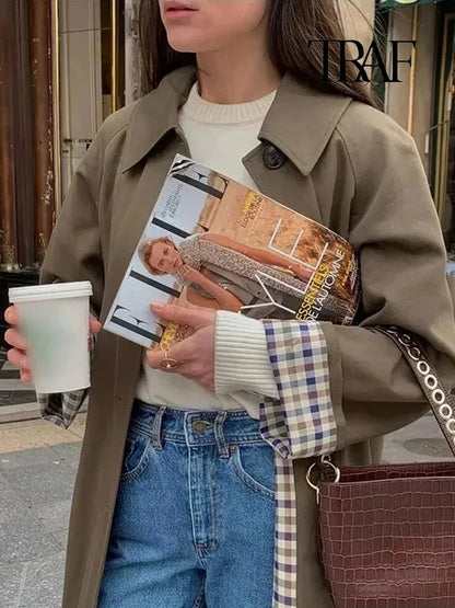 Manteau trench long à la mode pour femmes Automne et hiver Manteau à revers à manches longues et à boutonnage unique Manteau de rue simple, ample et de couleur pure