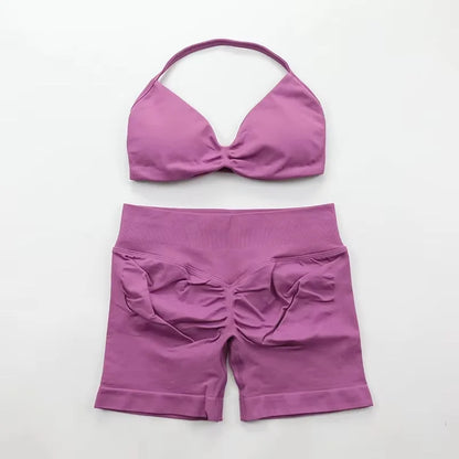 Ensemble de Yoga froncé sans couture pour femmes, vêtements de sport, short de gymnastique, soutien-gorge à bretelles, ensemble 2 pièces, col licou, vêtements d'entraînement, costume de Fitness