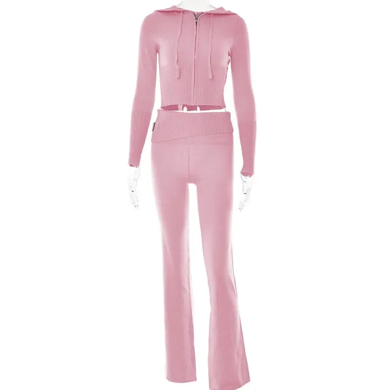 Tenue 2 pièces en tricot côtelé pour femmes, manches longues, fermeture éclair, coupe cintrée, haut court à capuche, pantalon Long élastique, ensemble survêtements Y2K