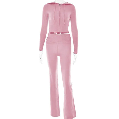 Tenue 2 pièces en tricot côtelé pour femmes, manches longues, fermeture éclair, coupe cintrée, haut court à capuche, pantalon Long élastique, ensemble survêtements Y2K