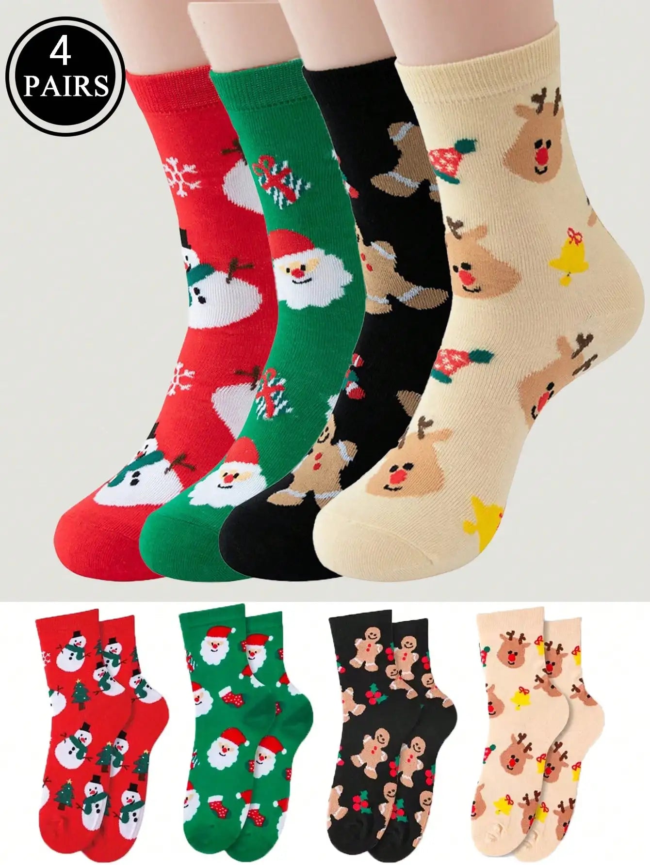 Chaussettes chaudes en coton sur le thème de noël, caractéristiques mignonnes, paquet de paires simples ou quatre, chaussures joyeuses et confortables pour les vacances