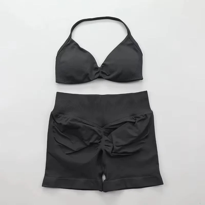 Ensemble de Yoga froncé sans couture pour femmes, vêtements de sport, short de gymnastique, soutien-gorge à bretelles, ensemble 2 pièces, col licou, vêtements d'entraînement, costume de Fitness