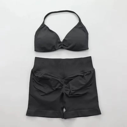Ensemble de Yoga froncé sans couture pour femmes, vêtements de sport, short de gymnastique, soutien-gorge à bretelles, ensemble 2 pièces, col licou, vêtements d'entraînement, costume de Fitness