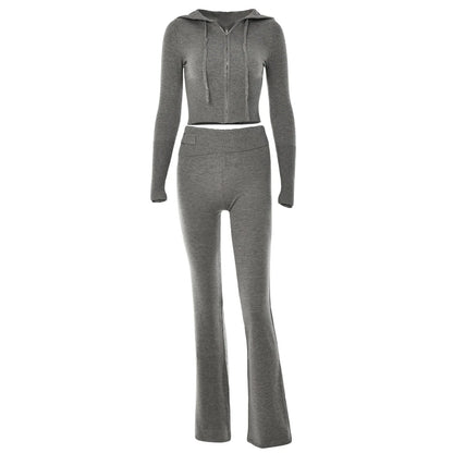 Tenue 2 pièces en tricot côtelé pour femmes, manches longues, fermeture éclair, coupe cintrée, haut court à capuche, pantalon Long élastique, ensemble survêtements Y2K