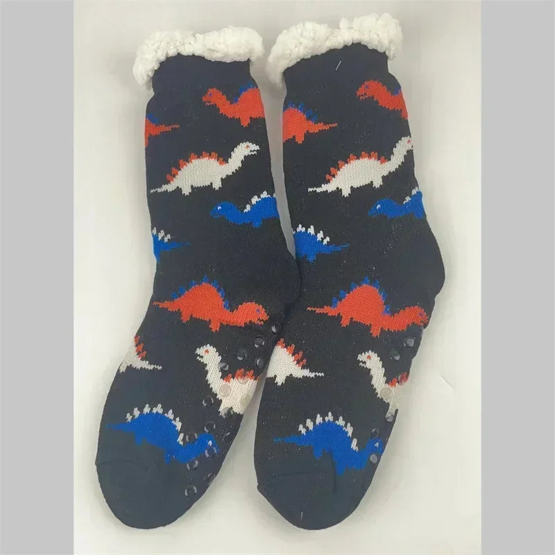 Cadeau de noël pantoufle chaussettes femmes thermique hiver chaud en peluche antidérapant poignée dormir sol chaussette courte floue moelleux femme dessin animé