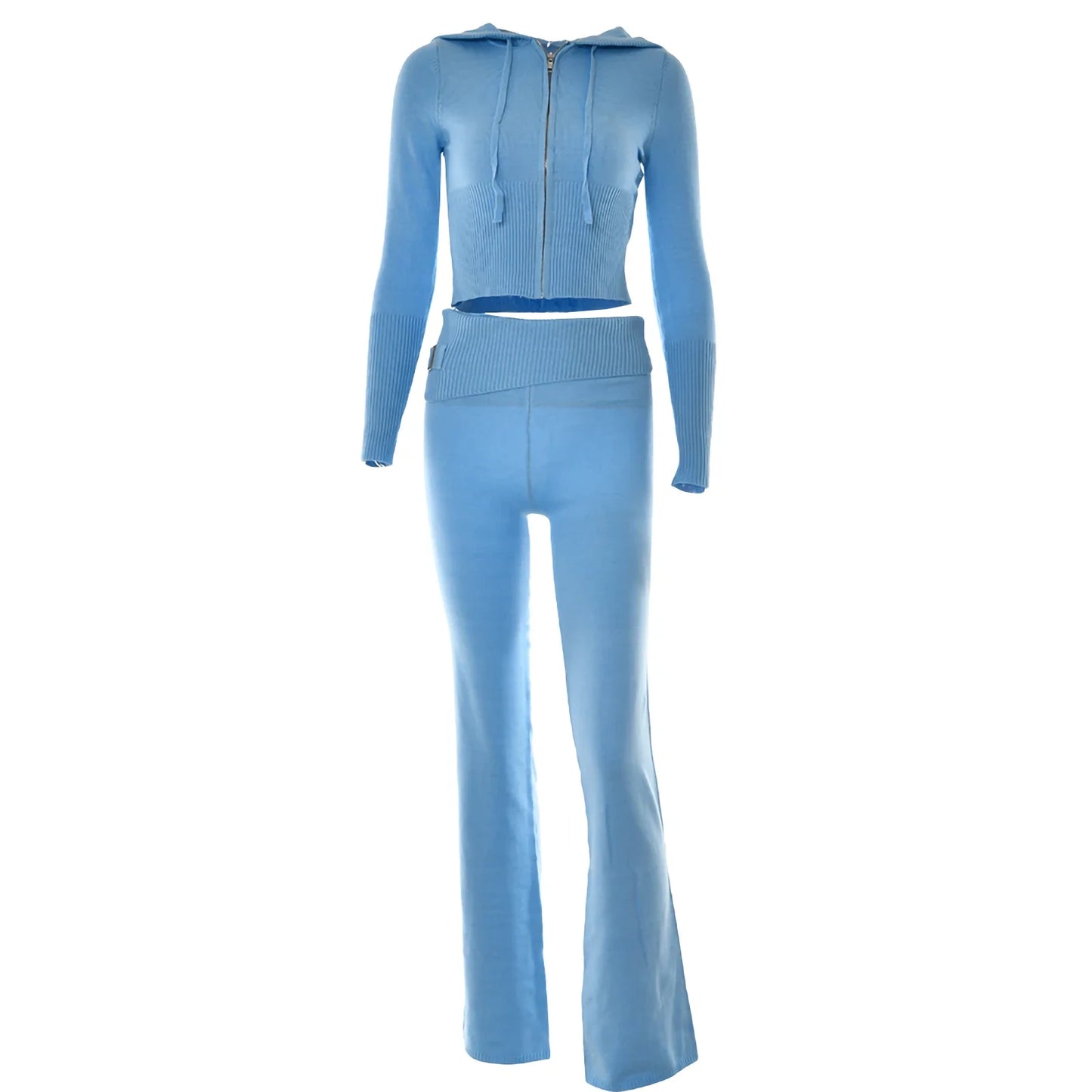 Tenue 2 pièces en tricot côtelé pour femmes, manches longues, fermeture éclair, coupe cintrée, haut court à capuche, pantalon Long élastique, ensemble survêtements Y2K