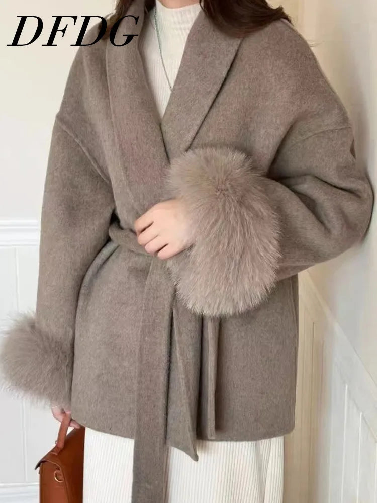 DFDG-Manteau court en laine cachemire pour femme, revers à lacets, tempérament de la mode, nouvelle collection, automne et hiver 2024