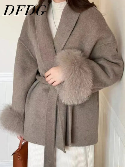 DFDG-Manteau court en laine cachemire pour femme, revers à lacets, tempérament de la mode, nouvelle collection, automne et hiver 2024