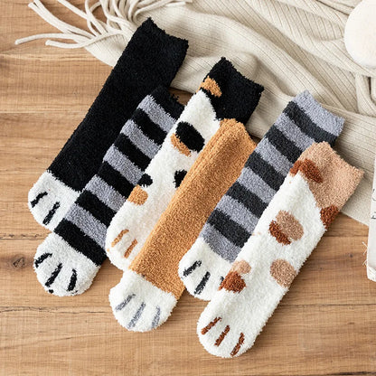Chaussettes d'hiver pour femmes, chaussettes chaudes en molleton de corail épais, patte de chat Animal, mignonnes, chaussettes de sol douces pour filles