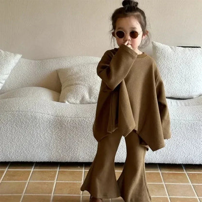 Ensemble pour enfants, couleur unie, ample, col rond, Cape, haut et pantalon évasé, ensemble 2 pièces, à la mode, nouvelle collection automne 2023