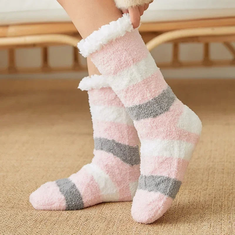 Chaussette thermique floue pour femme, poignée en peluche, chanvre, douce, pour l'hiver, pour la maison, l'intérieur, la chambre à coucher, antidérapante, moelleuse et épaisse, pantoufles de sol