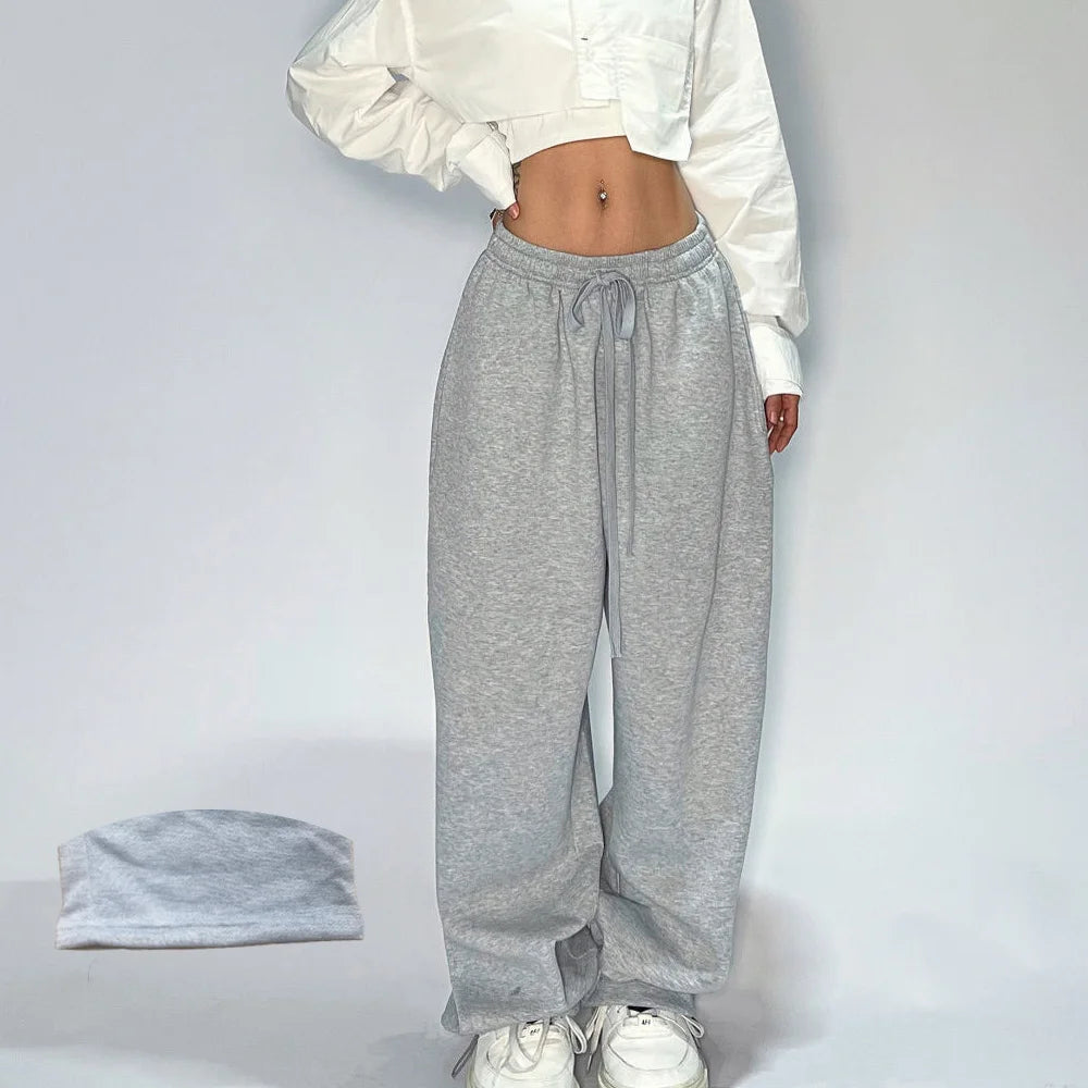 Pantalon de survêtement gris décontracté et confortable pour femme avec taille starchy, coupe ample et pantalon parachute