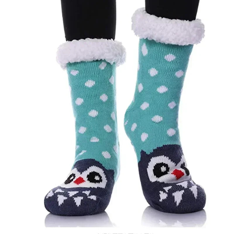 Cadeau de noël pantoufle chaussettes femmes thermique hiver chaud en peluche antidérapant poignée dormir sol chaussette courte floue moelleux femme dessin animé
